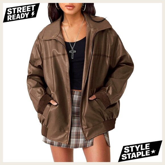 Oversized Faux Leather Motorcycle Bomber Jacket Women's Zip Up Vintage Y2K